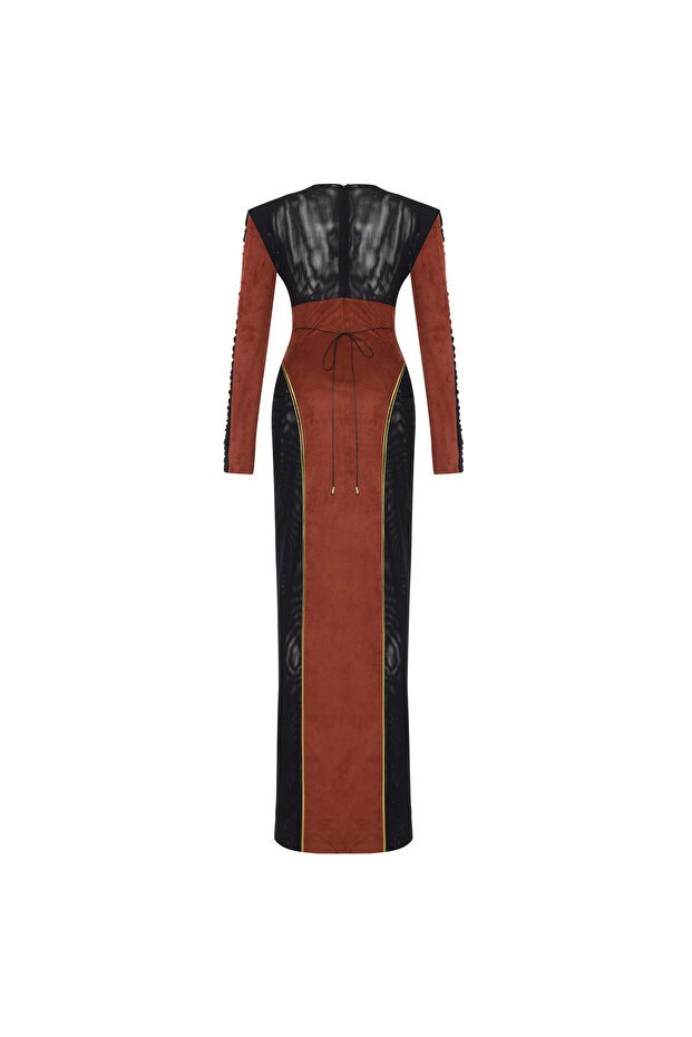 Terracotta Süet ve Siyah Transparan Kumaş Detaylı Uzun Elbise - 3