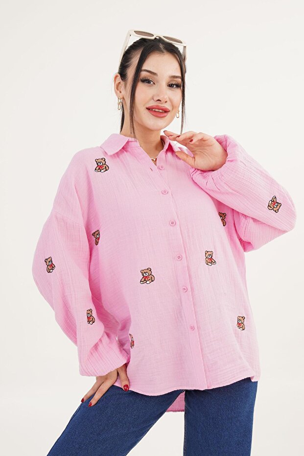 Pink Casual Shirt with Teddy Bear Embroidery