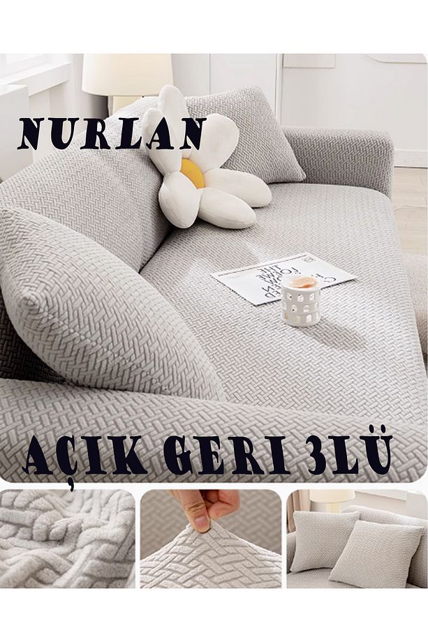 Tuğla Desen Koltuk Örtüsü Lastikli Kayma Yapmayan 3 Kişilik Çekyat Kanepe Kılıfı 1 Adet Natural - 6