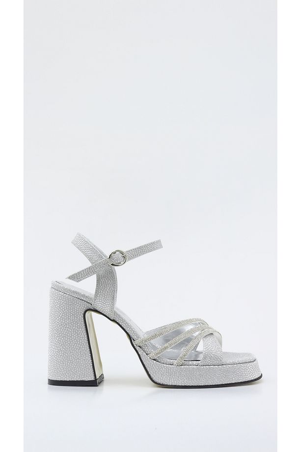 GÜMÜŞ TAŞ SİM TEKBANT 3TAŞLI ARKASI AÇIK PLATFORM AYAKKABI 10CM - 6