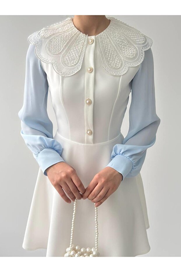 LacaBelle Atlas İşlemeli Kolları Tül Mini Elbise - 7