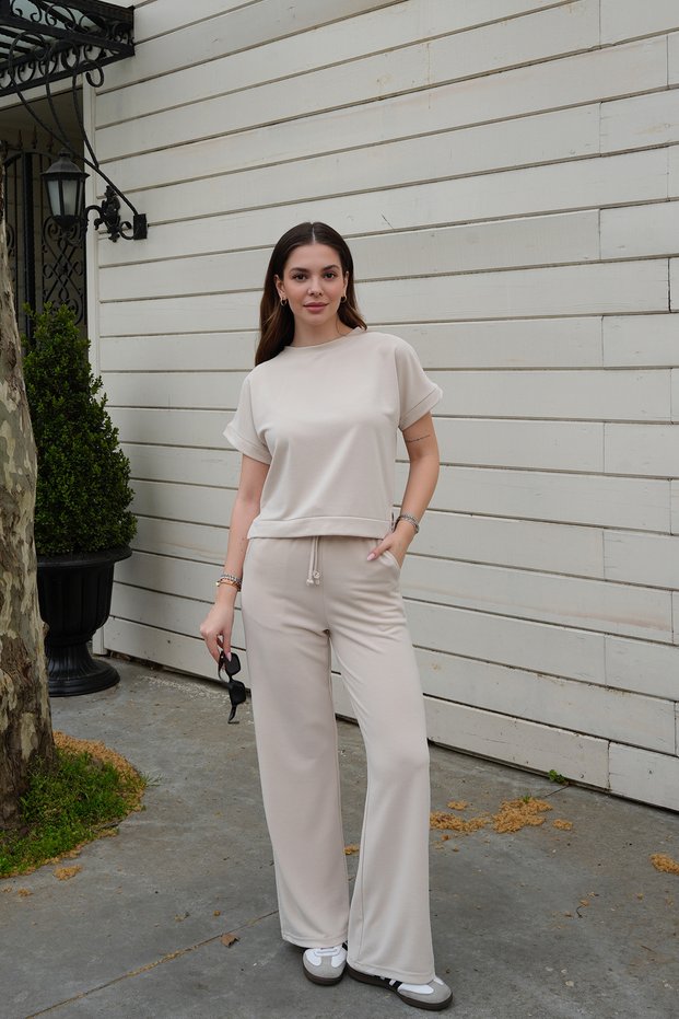 Women's Beige Modal Fabric Tracksuit Set