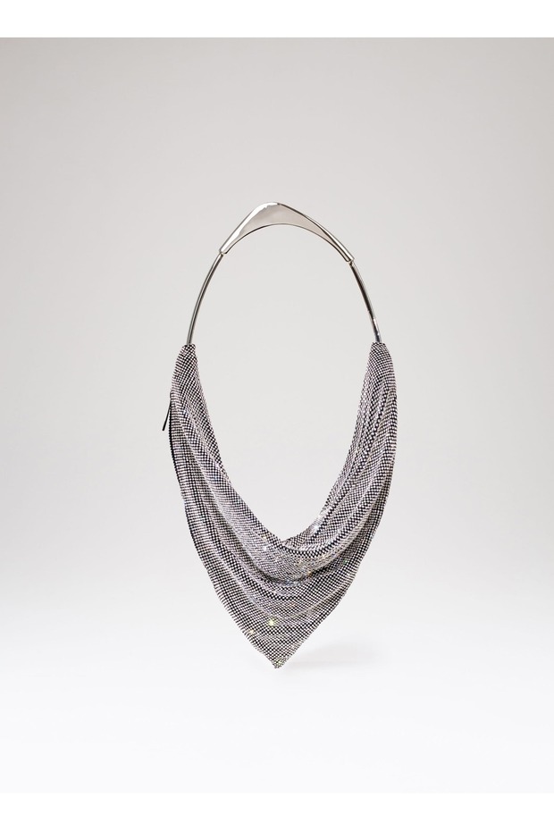 Women's Silver Stone Woven Metal Handle Detailed Evening Bag