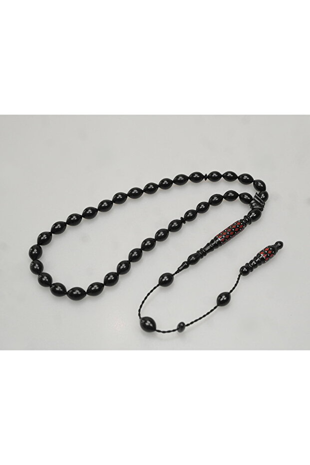 Oltu Stone Carved İmame and Red Enamel Processing Plain Rosary