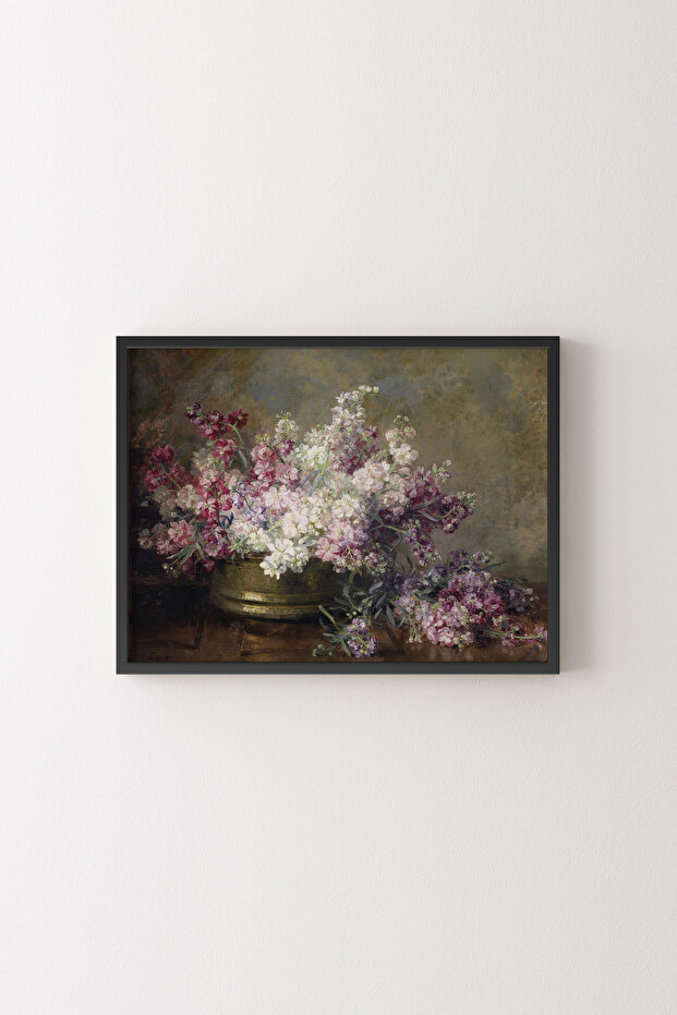 Copper Bowl Full of White and Pink Flowers - Black Frame