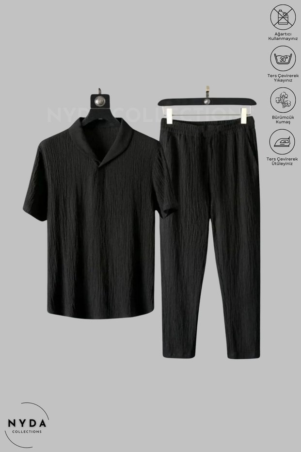 Bürümcük Suit Lycra Crinkle Fabric Summer Women's Men's Short Sleeve T-Shirt Black Tracksuit Suit