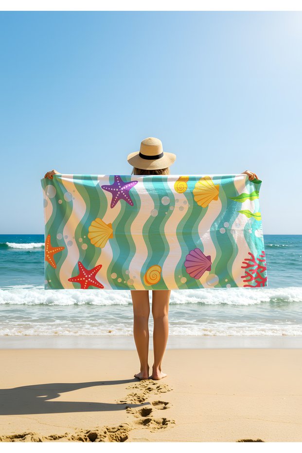 Underwater Creatures Patterned Beach Towel – Colorful Coral & Star Design