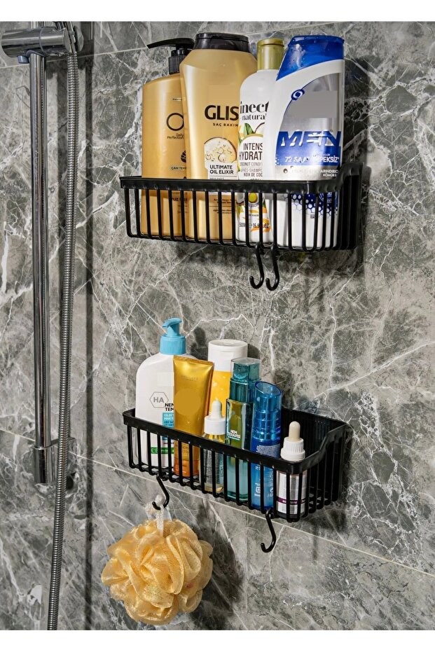 Adhesive Bathroom Shelf 2-Pack Bathroom Organizer, Shower Shelf - Shampoo Holder, Plastic Kitchen Bathroom Shelf Black