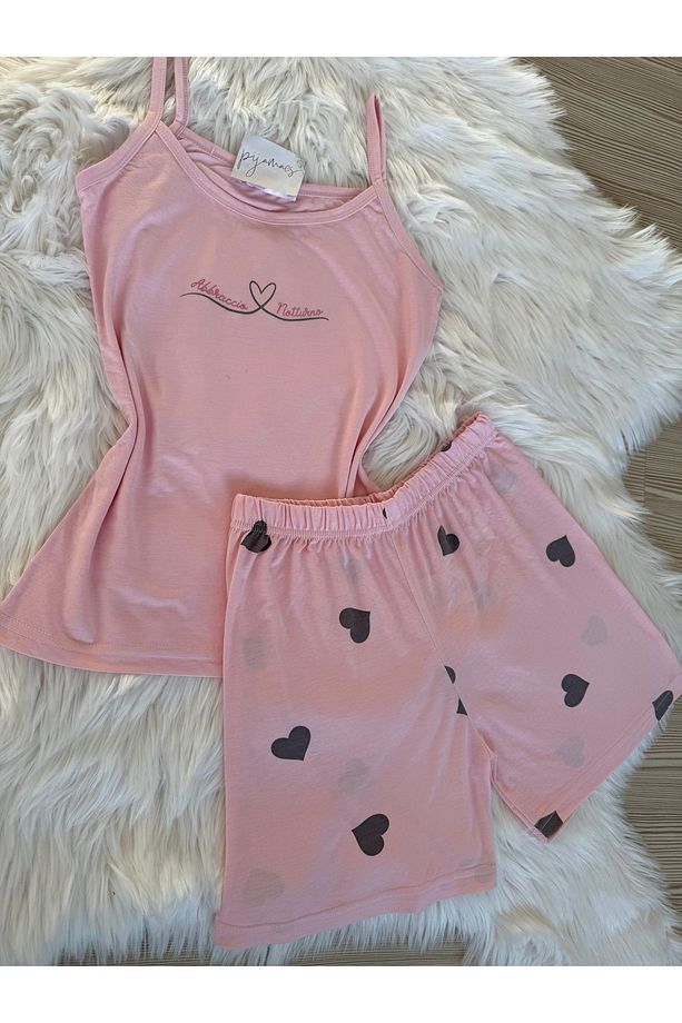 Pembe Kalp Desenli Pamuklu İp Askılı Şortlu Pijama Takımı - 2