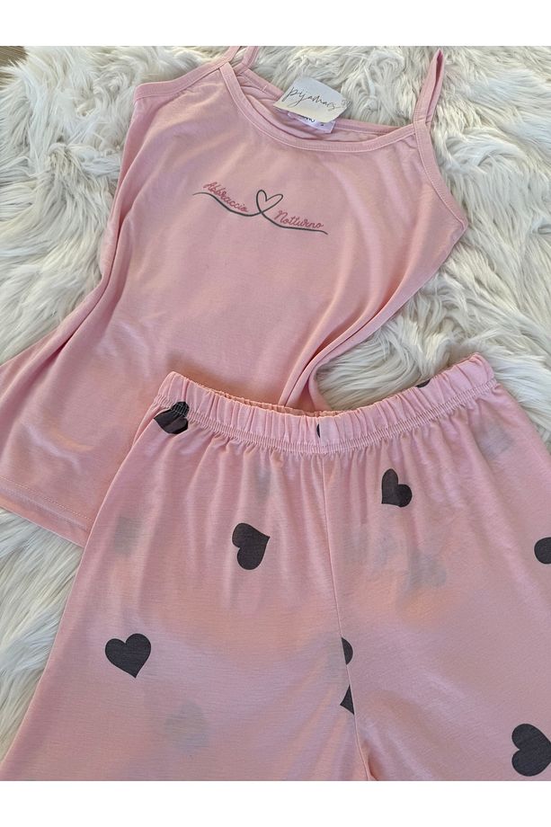 Pembe Kalp Desenli Pamuklu İp Askılı Şortlu Pijama Takımı - 5