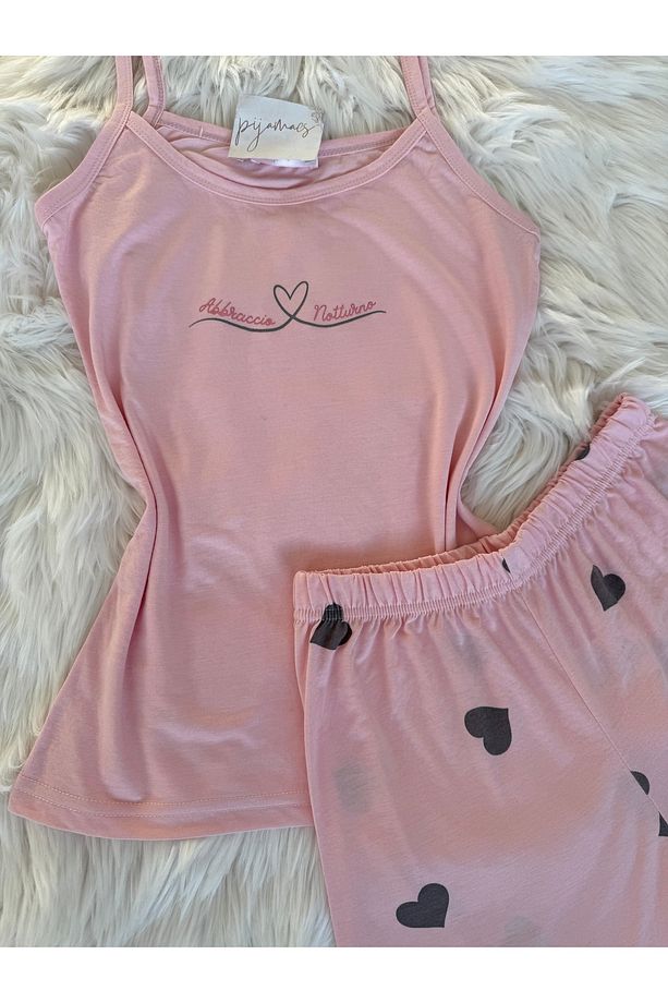 Pembe Kalp Desenli Pamuklu İp Askılı Şortlu Pijama Takımı - 3
