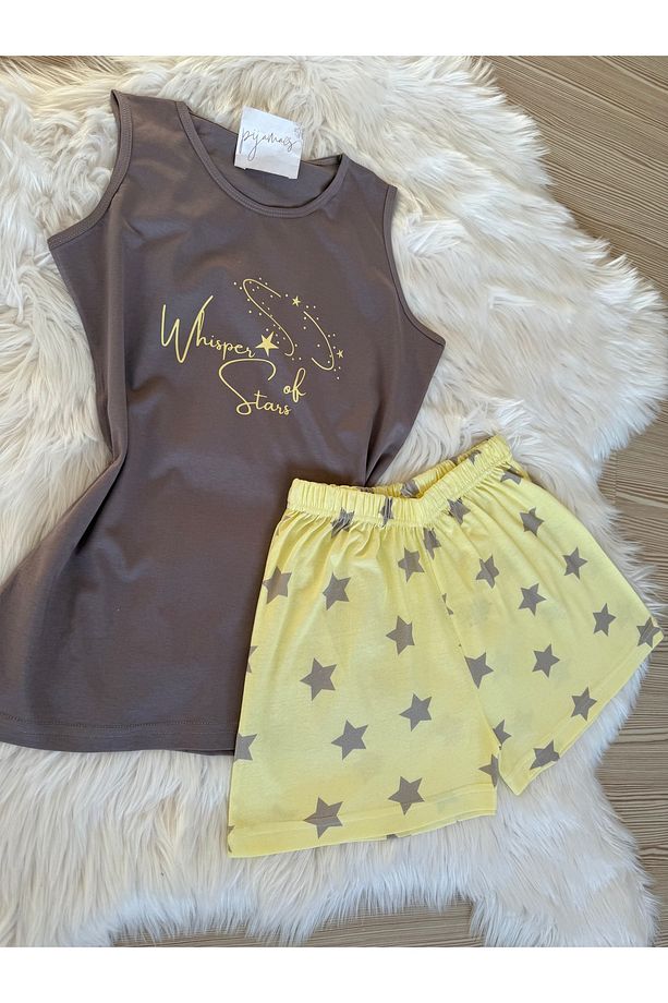 Sarı Yıldız Desenli Pamuklu İp Askılı Şortlu Pijama Takımı - 4
