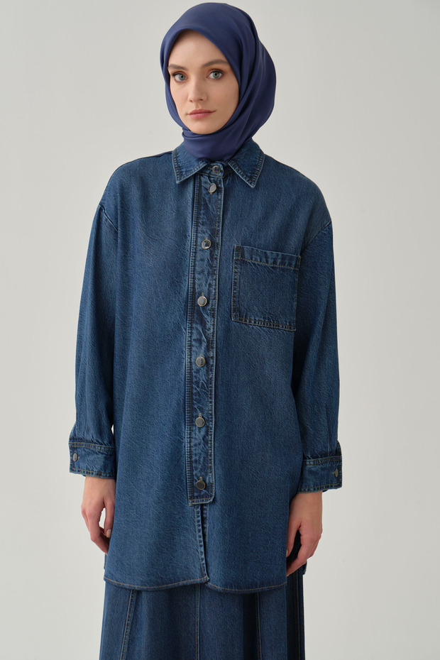 Yırtmaçlı Pat Detaylı Tunik - İndigo - 4