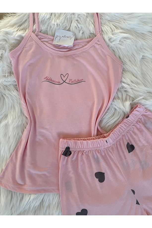 Pembe Kalp Desenli Pamuklu İp Askılı Şortlu Pijama Takımı - 6