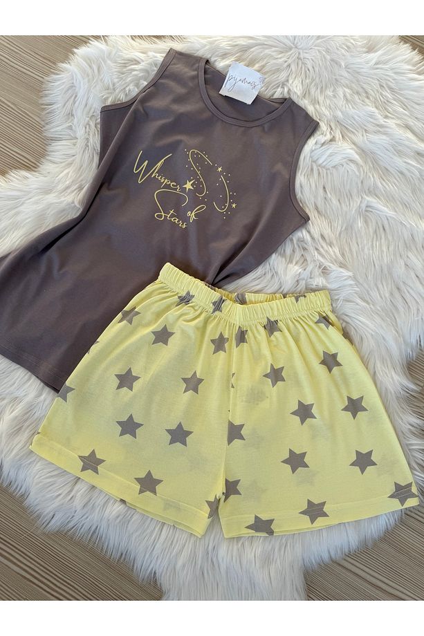 Sarı Yıldız Desenli Pamuklu İp Askılı Şortlu Pijama Takımı - 7