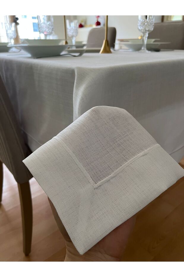 Piko Wrap Detailed Polyester Linen Carefree Table Cloth White + 12 Napkins
