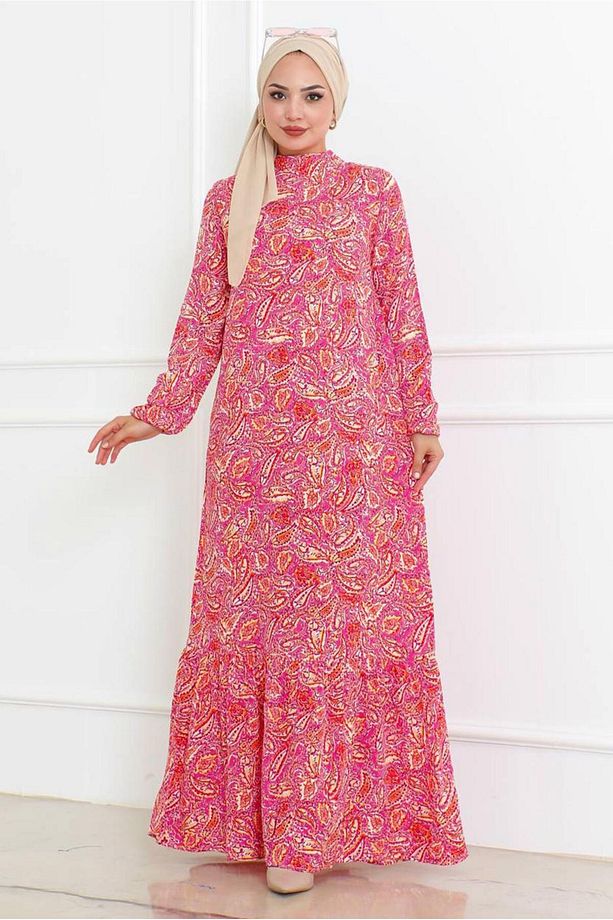KADIN PEMBE DESENLİ ELBİSE T 5678 - 1