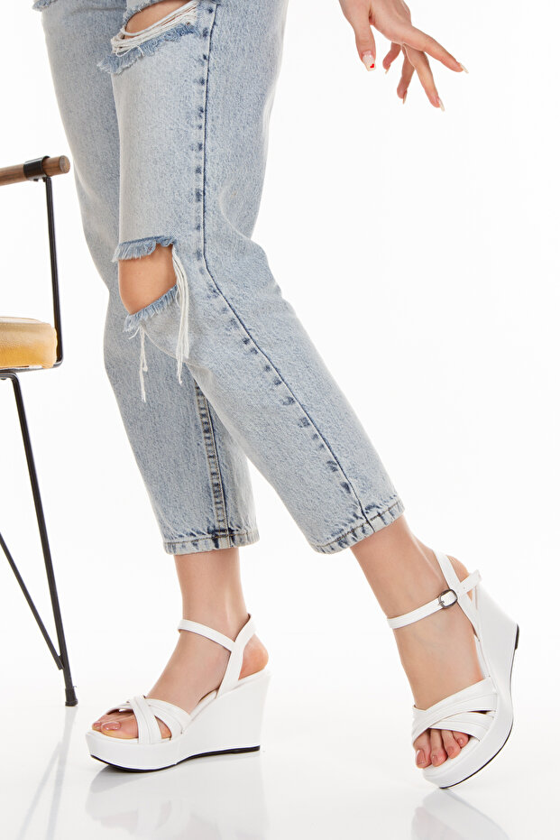 White Summer Wedge Heeled Cross Strap Women's Shoes -520