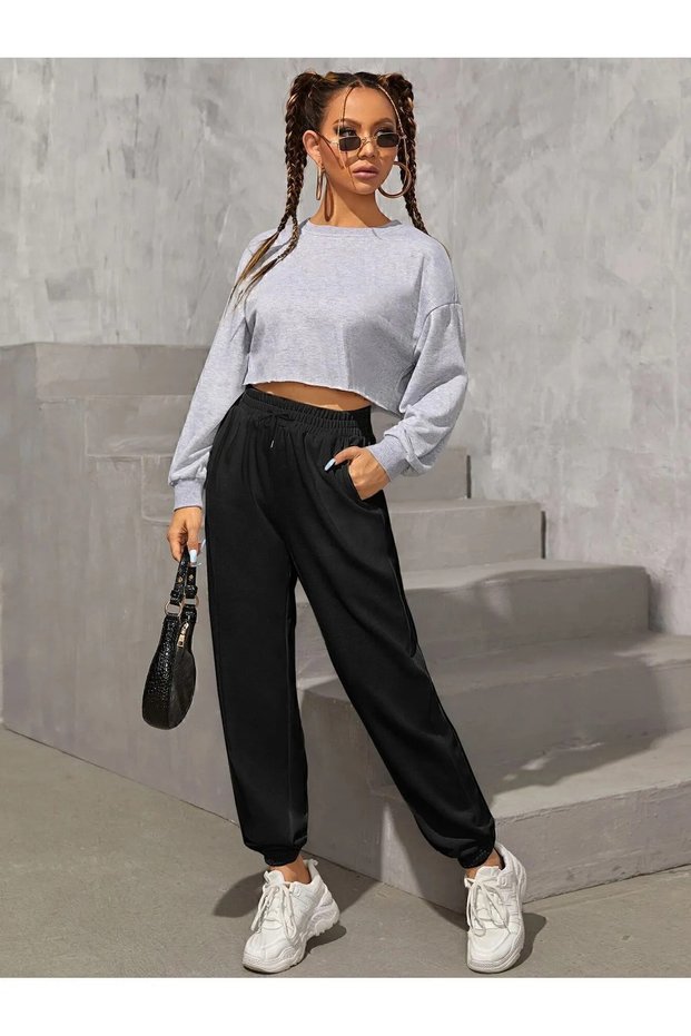 Women's Black Elastic Waist and Leg Pocket Sweatpants 1St Grade Fabric