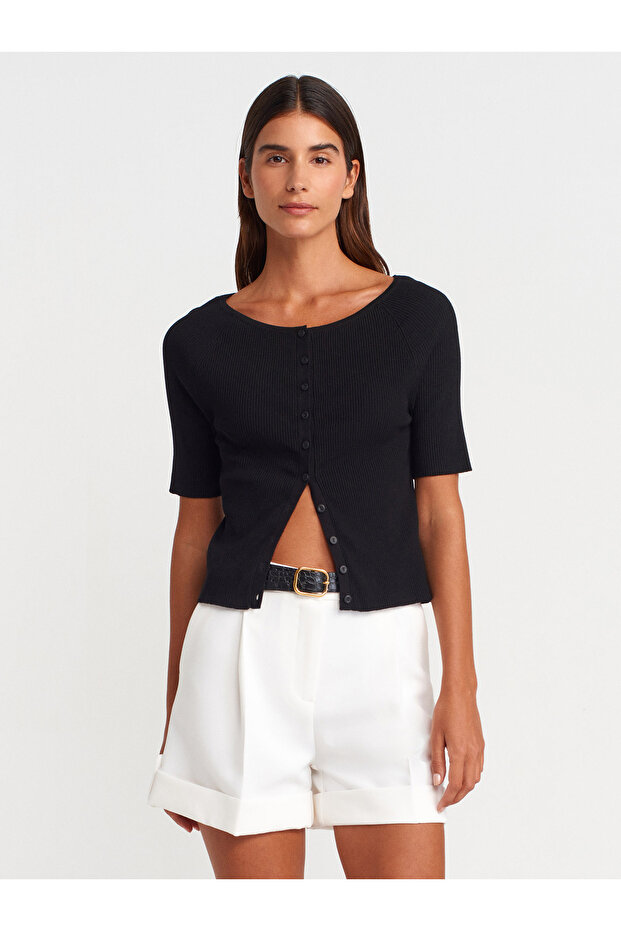 60970 Light Crew Neck Ribbed Buttoned Slim Knitwear Cardigan-Black