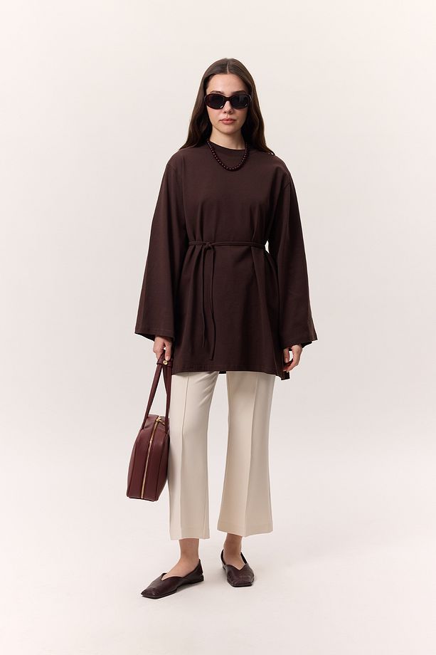 BAĞLAMA DETAYLI OVERSIZE TSHIRT ACI KAHVE - 3