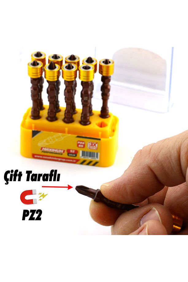 10 Adet (ÇİFT YÖNLÜ) Mıknatıslı Çelik Bits Uç Pz2 65 Mm Vida Yıldız Matkap Vidalama Ucu S2 Çeliği - 4