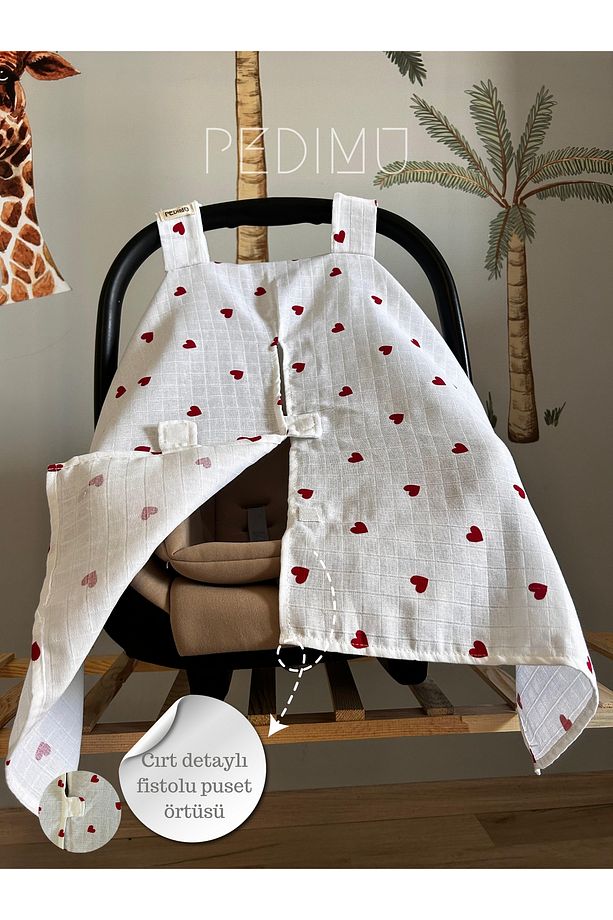 Müslin Kırmızı Kalp Desenli Cırtlı Müslin Puset Örtüsü %100 Cotton - 2