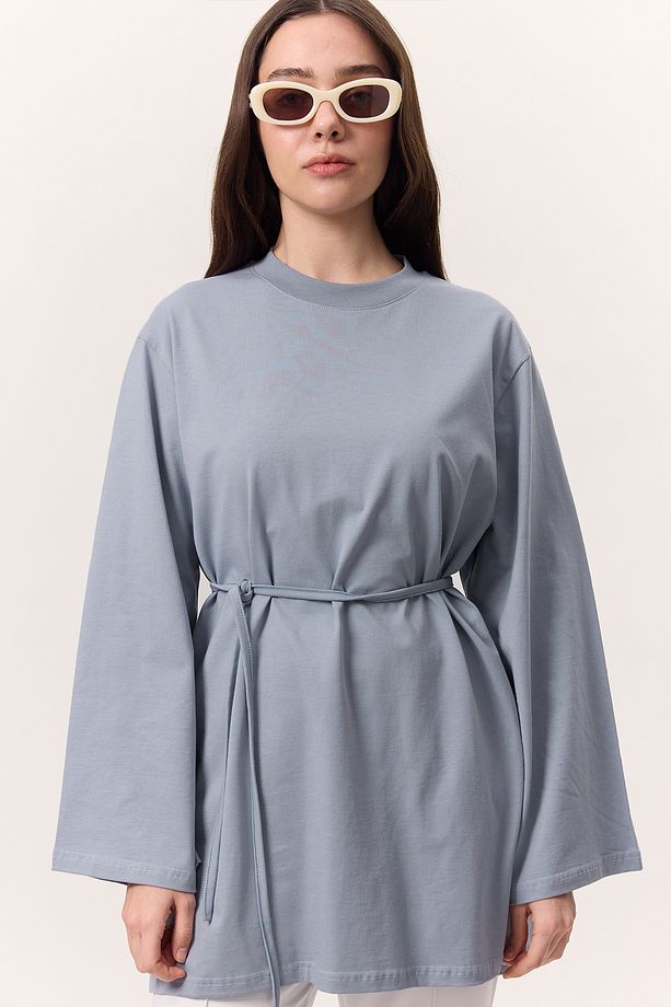 BAĞLAMA DETAYLI OVERSIZE TSHIRT MAVİ - 1