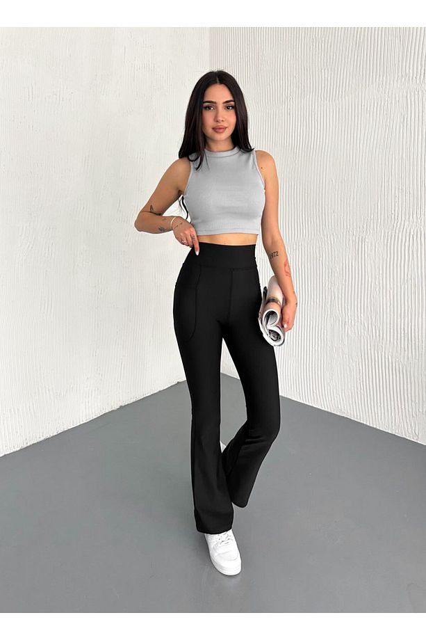 Kadın Yüksek Bel Toparlayıcı Çift Cepli Ispanyol Paça Tayt Bootcut/PUSH UP - 3