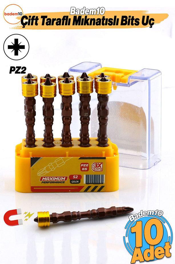 10 Adet (ÇİFT YÖNLÜ) Mıknatıslı Çelik Bits Uç Pz2 65 Mm Vida Yıldız Matkap Vidalama Ucu S2 Çeliği - 6