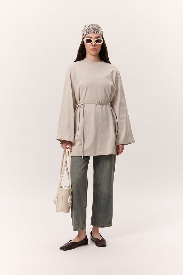BAĞLAMA DETAYLI OVERSIZE TSHIRT TAŞ - 2