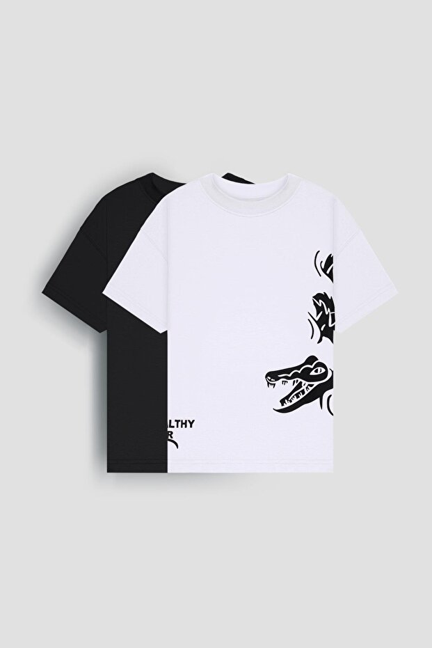 100% Cotton Double Crocodile Printed T-Shirt - Double Boy Oversize T-Shirt Ecru/Black