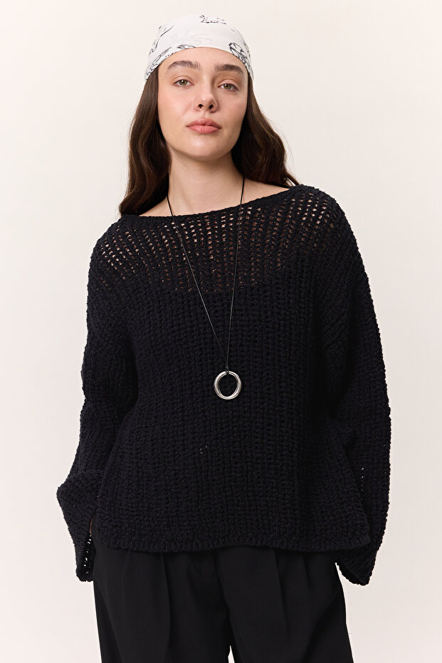 FİLE ÖRGÜLÜ TRİKO KAZAK SİYAH - 1