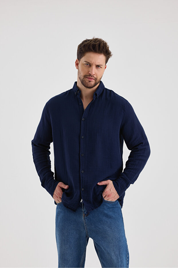 Men's Muslin Fabric 100% Cotton Long Sleeve Comfortable Cut Shirt