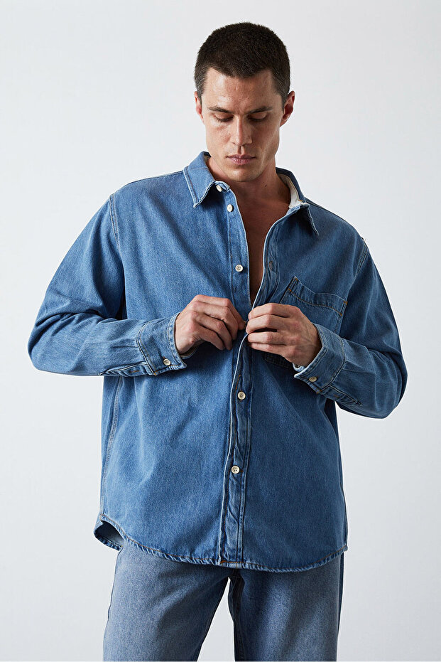 Oversize Cepli Denim Gömlek - 3