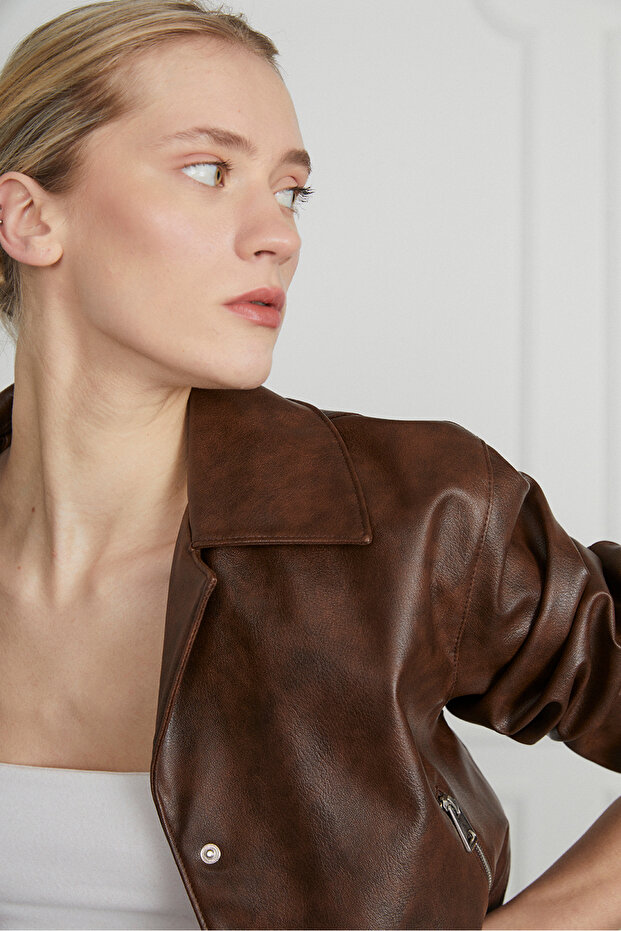 Biye Detaylı Deri Ceket - 4