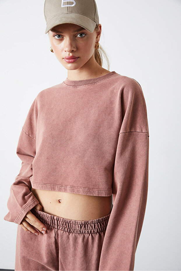 Yıkamalı Crop Sweatshirt - 4
