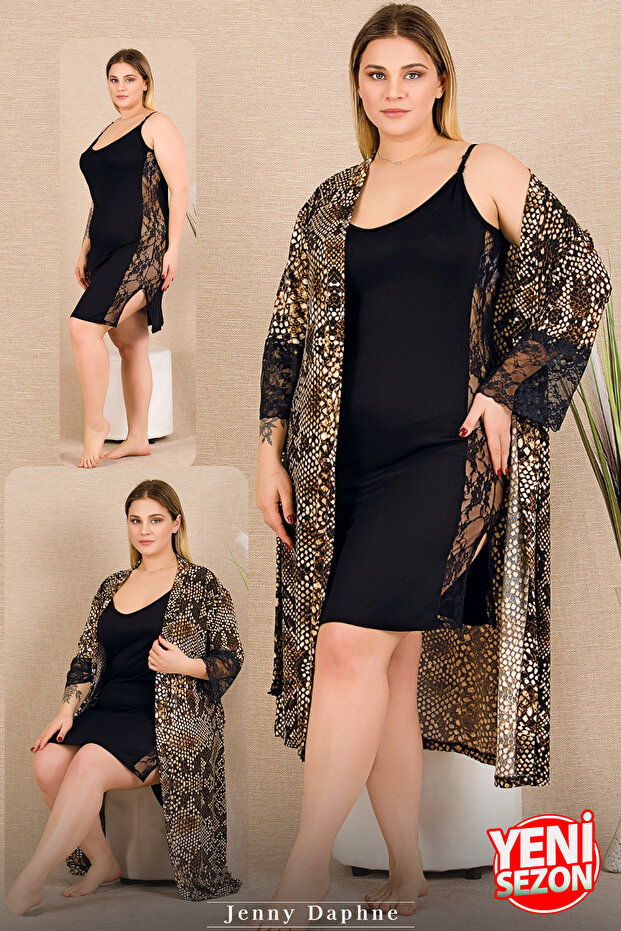 Strong Qalalık Fabric Snake Pattern Dressing Gown Set Black with Lace on the Sides 2'Er Nightgown & Dressing Gown 19236