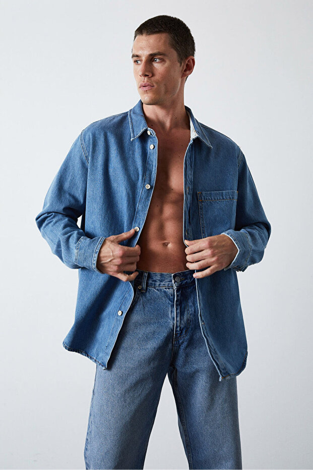 Oversize Cepli Denim Gömlek - 1