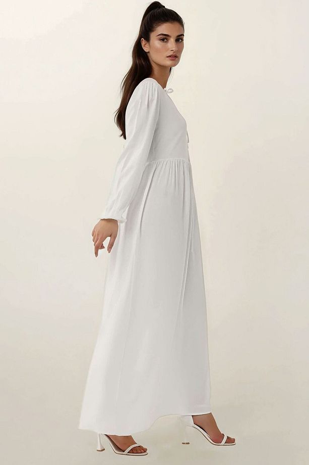 A-Form Fit ve Bisiklet Yaka Modest Dokulu Elbise - 4