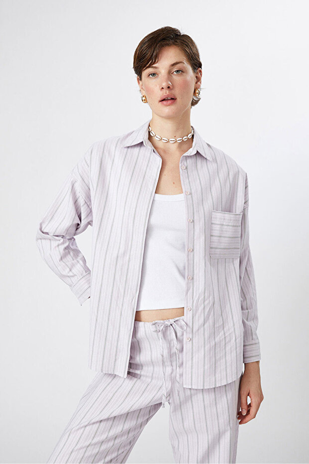 Oversize Çizgili Poplin Gömlek - 3