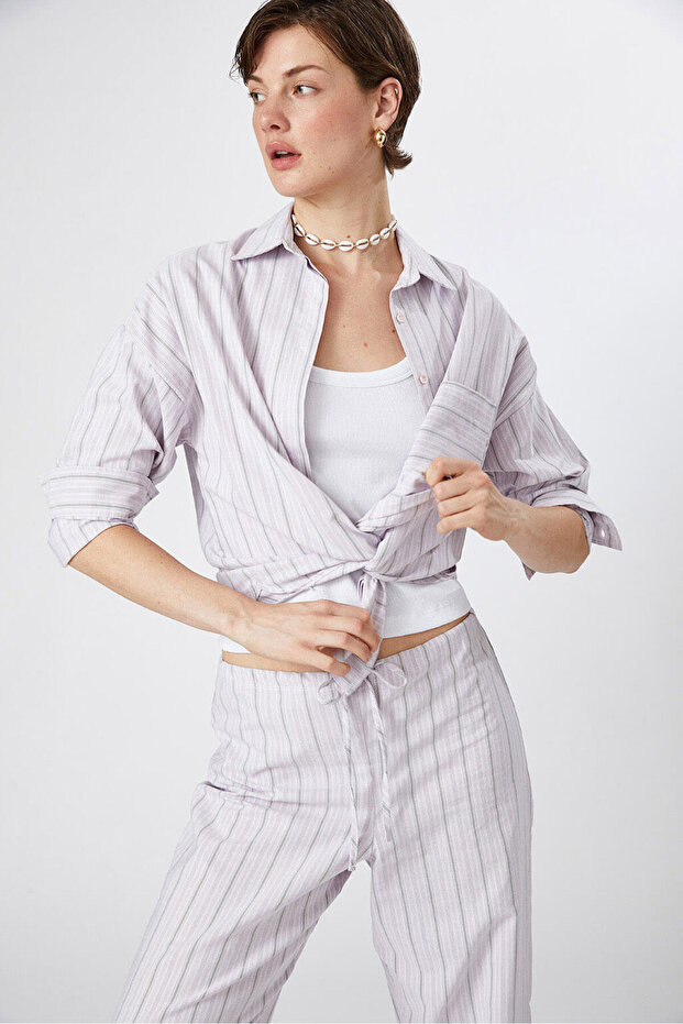 Oversize Çizgili Poplin Gömlek - 1