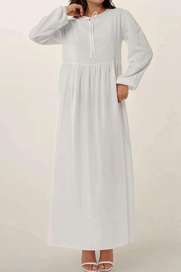 A-Form Fit ve Bisiklet Yaka Modest Dokulu Elbise - 7