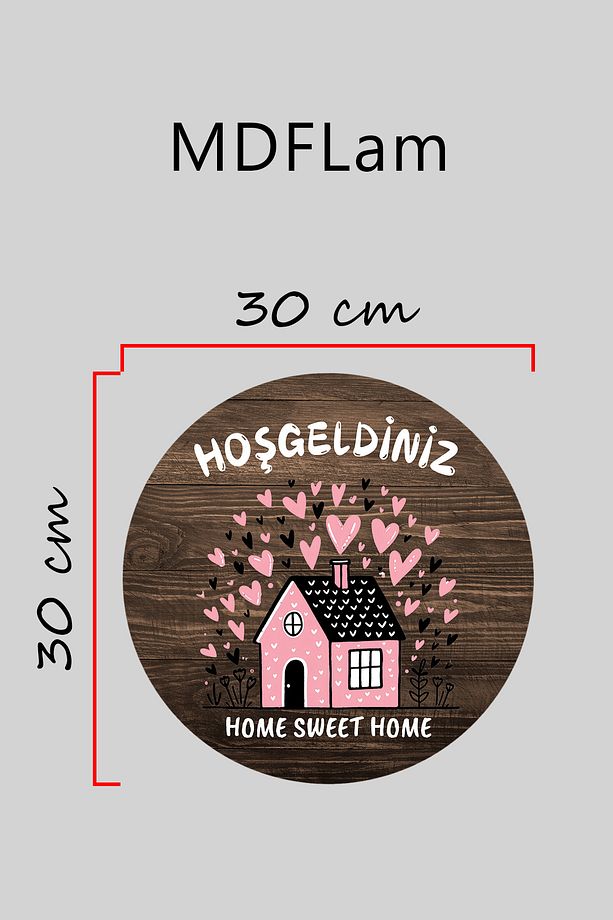 Dijital Baskı ahşap, kalpli pembe ev desenli Kapı süsü, Duvar Süsü - 3
