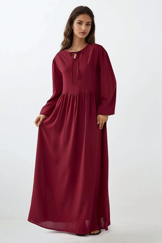 A-Form Fit ve Bisiklet Yaka Modest Dokulu Elbise - 1