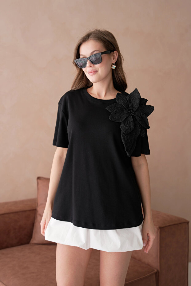 Gül Aksesuarlı Basic T-Shirt - 5