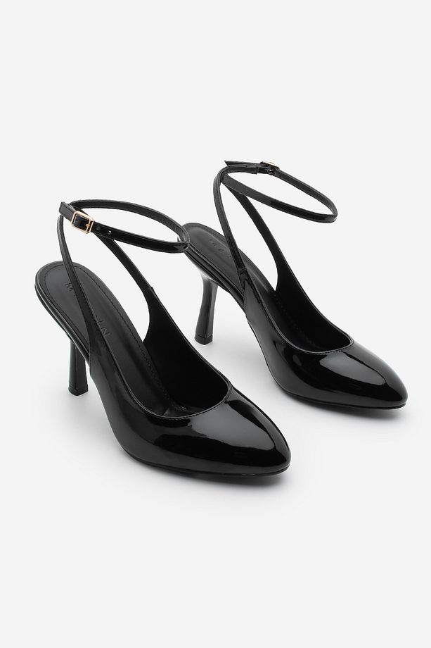 Kadın Stiletto Oval Burun Bilekten Bağlamalı Topuklu Ayakkabı Tirada Siyah Rugan - 5