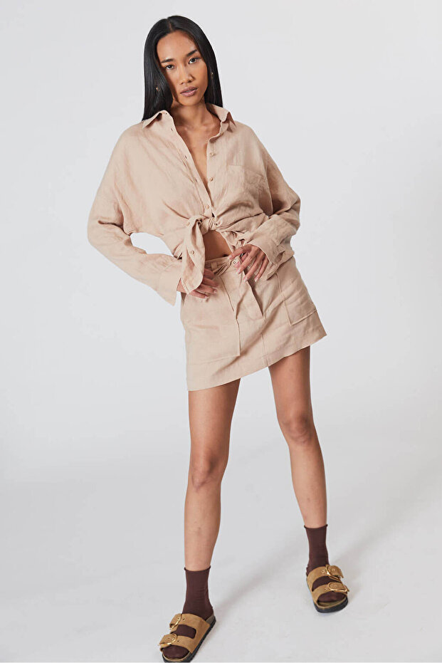 %100 Keten Mini Etek - 1