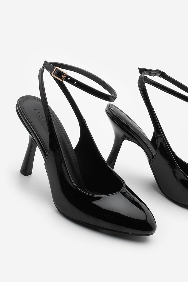 Kadın Stiletto Oval Burun Bilekten Bağlamalı Topuklu Ayakkabı Tirada Siyah Rugan - 1