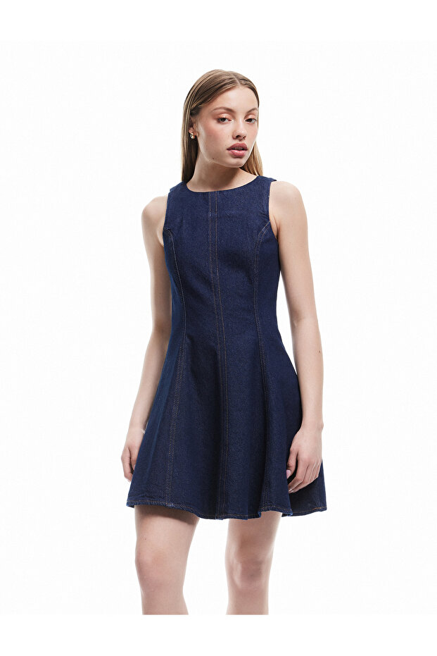Sleeveless Crew Neck Zipper Stitching Detailed Flounce Mini Denim Dress